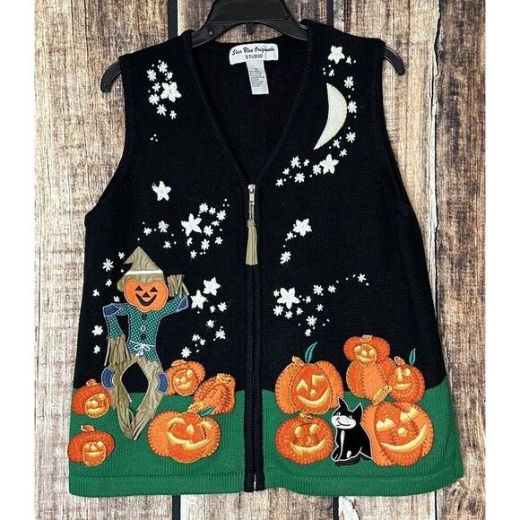 Star Blue Originale  Studio Sweaters - VTG 90s Halloween Star Blue Originals Studio Sweater Vest Womens Med Black Cat